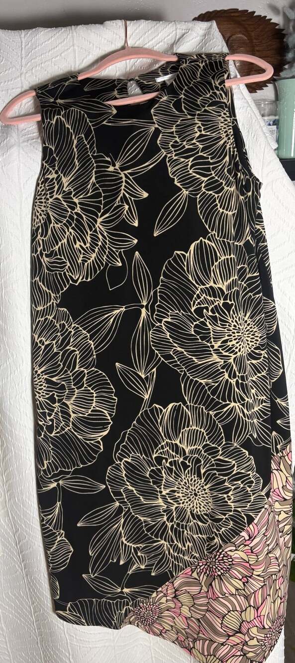 London Times Floral Dress Size 12 Black Beige Pink Asymmetric Midi